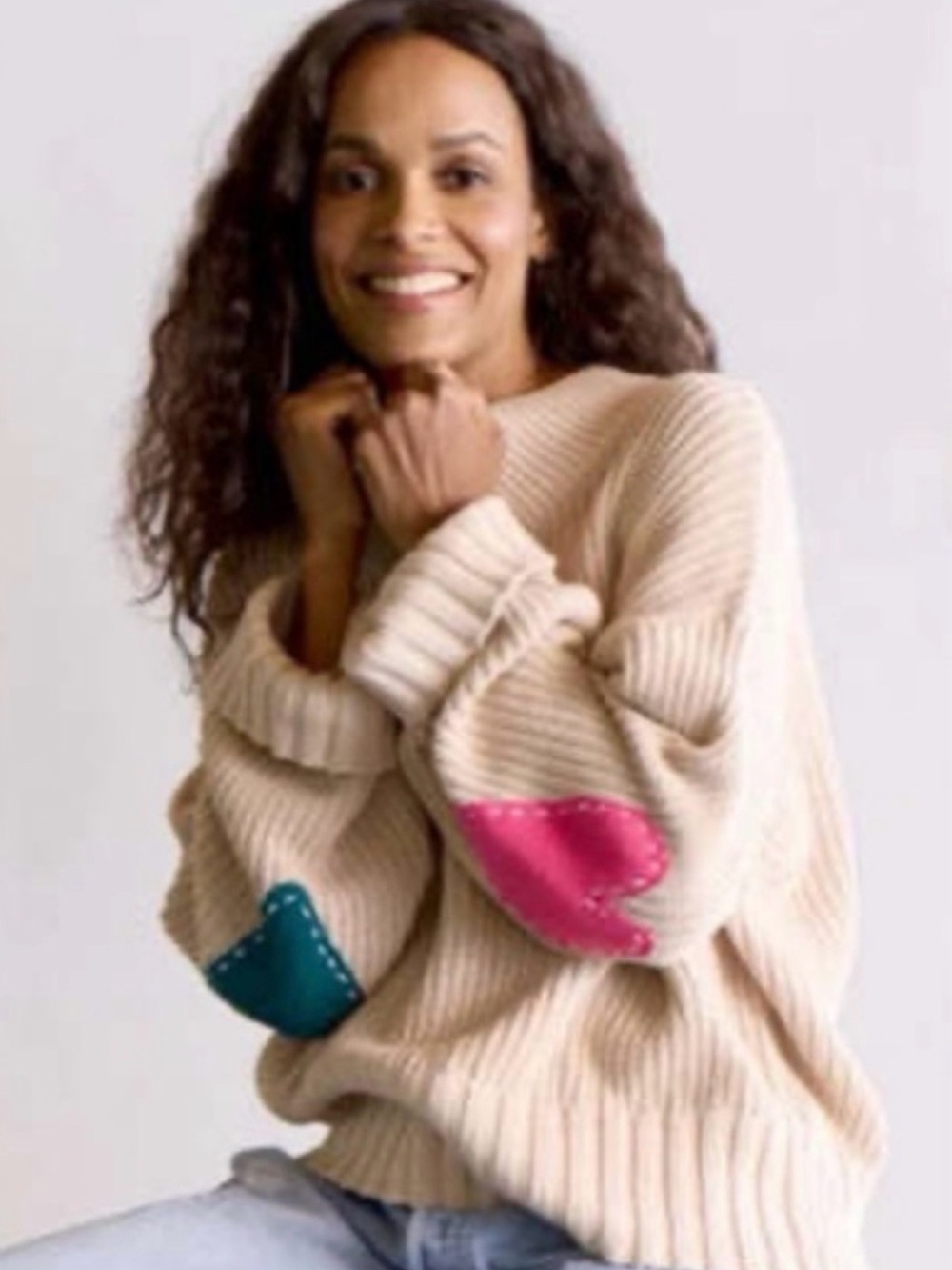 Rosenthal Beige Turtleneck Sweater with Pink & Green Heart Elbow Patches